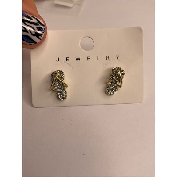 Gold Flip Flops Stud Earrings With Crystal Gold Stud Earrings,Cute Mini Earrings - Picture 4 of 14